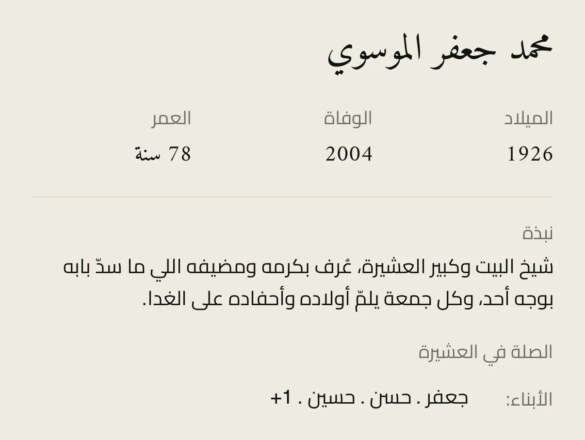 صفحة الشخص بالتطبيق: الميلاد والوفاة والنبذة وأبناؤه
